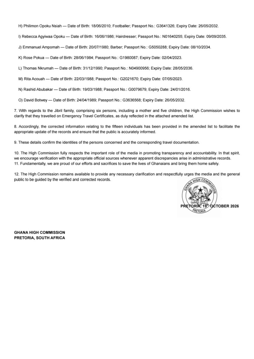tv3_ghana's tweet photo. The Ghana High Commission in Pretoria clarifies that the "future dates" flagged in the South Africa evacuation data were actually passport expiry dates, attributing the mix-up to minor clerical errors affecting only 15 of the 1,964 evacuees.

#3NewsGH #TV3GH https://t.co/PGM963Ceh4