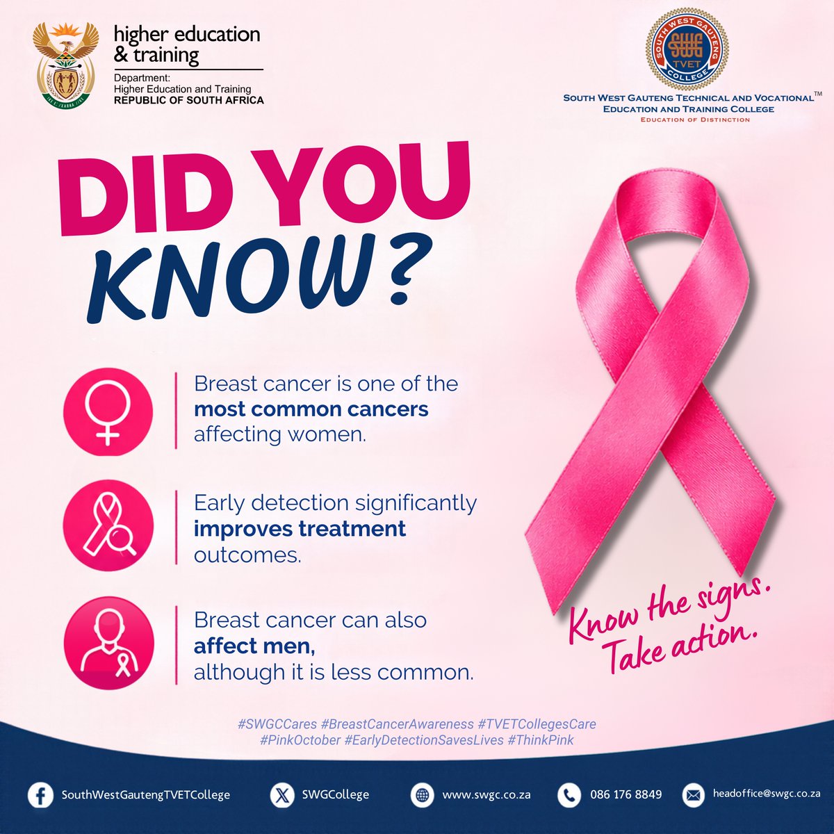 SWGCollege's tweet photo. 🎀 Did You Know? 🎀

Breast cancer is one of the most common cancers affecting women, and early detection can make a life-saving difference. Although less common, breast cancer can also affect men.

This Breast Cancer Awareness Month, South West Gauteng TVET College encourages everyone to know the signs, prioritise regular screenings, and support those whose lives have been impacted by the disease.

💗 Know the signs. Take action.
💗 Early detection saves lives.

#SWGCares 
#BreastCancerAwareness 
#PinkOctober 
#EarlyDetectionSavesLives 
#ThinkPink