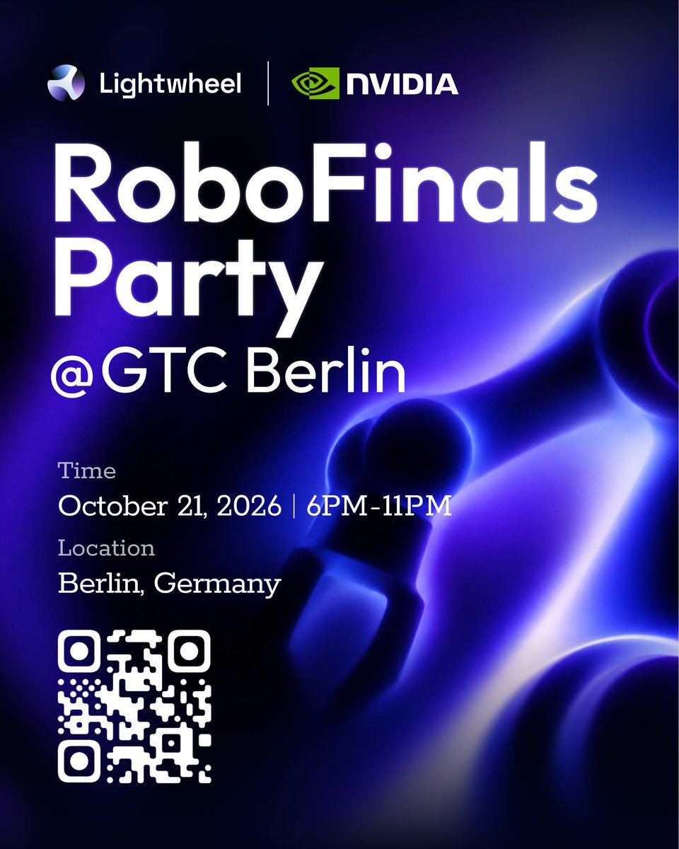 LightwheelAI's tweet photo. Heading to #GTCBerlin? Come find us after keynote day.

@LightwheelAI and @NVIDIARobotics are hosting the RoboFinals Party. Keynote day ends, the real conversations start. The people who build the models, run the simulators, and write the checks, one room, open bar.

📅 Oct 21 | 6–11 PM
📍 Berlin Mitte, 15 min from Tempodrom and STATION-Berlin
🍸 Open bar, curated food and drinks

🎟️ Space is limited and attendance is by approval. Request your spot: https://t.co/Of0AXnm94c

#GTCBerlin #PhysicalAI #Robotics #RoboFinals #NVIDIA