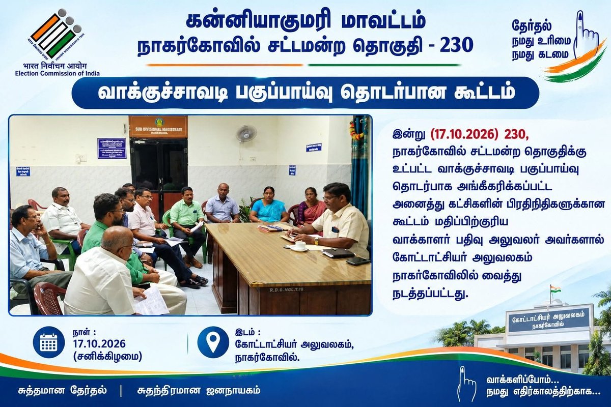 DEO_KKI's tweet photo. Ac230 Nagercoil
ERO, Nagercoil and RDO, Nagercoil conducted a meeting with recognised political parties regarding Rationalisation of polling stations today 17.10.2026.
#ECI
#ElectionCommission
#SpecialCampsForYoungVoters
#ChiefElectoralOfficer 
@DEO_KKI
@collectorkki https://t.co/16jRWSctrO
