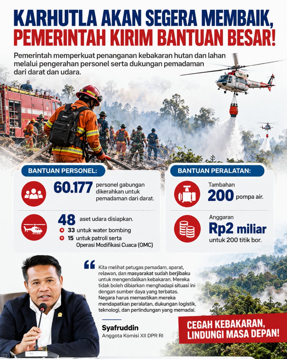 estherjscc's tweet photo. Pemerintah perkuat penanganan karhutla melalui personel gabungan serta pemadaman darat dan udara. Upaya ini diprioritaskan untuk membantu mengendalikan api, terutama di kawasan Tanjung Puting yang sulit dijangkau.
#Karhutla #TanjungPuting #jagaindonesia #Penanganan #LindungiHutan https://t.co/NHqEhnkamN