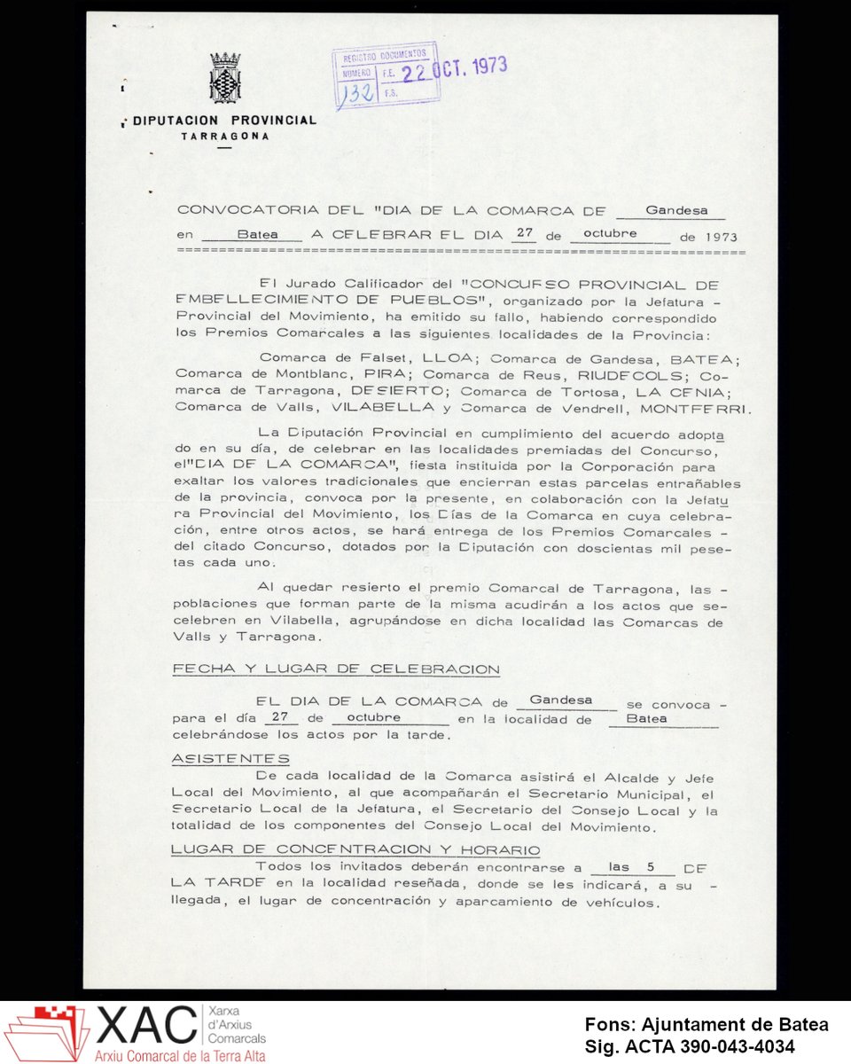 acterraalta's tweet photo. #Taldiacomavui, el 20 d'octubre de 1973, la @Dipta_cat anunciava la celebració del Dia de la Comarca de #Gandesa -la #TerraAlta no es recuperaria fins el 1987- a #Batea, població escollida pel jurat del Concurs provincial d'embelliment de pobles 
#XAC #Arxius @patrimonigencat https://t.co/IjDDpw0wum