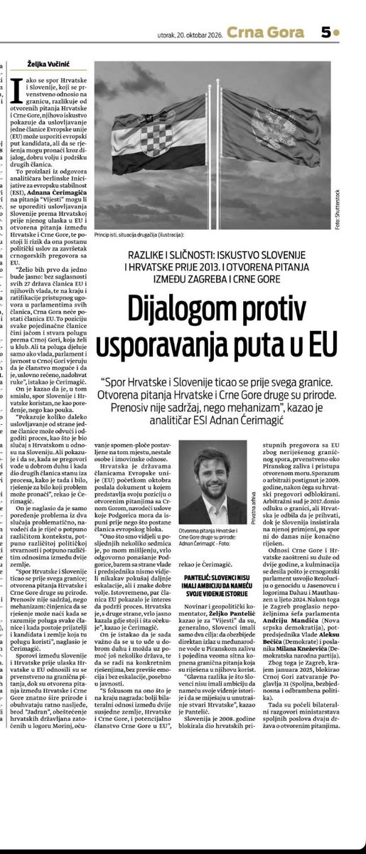 adicerimagic's tweet photo. Last week, 🇭🇷 shared its position and showed its leverage over 🇲🇪's 🇪🇺 membership bid.

In Podgorica this has, of course, been met with disbelief and emotional reactions. But the government has not responded with escalation. Instead, calmly, it signalled that it had understood the message and is willing to move forward. Some friendly member states have offered to mediate.

Bottom line: if 🇲🇪 believes that finalising the 🇪🇺 accession process and becoming a member is achievable, while 🇭🇷 understands that it can win a neighbour and a partner in the 🇪🇺, then solutions are possible: ones in which neither 🇭🇷 nor 🇲🇪 loses all, and both win some.

For #Montenegro's daily #Vijesti, on 🇲🇪🇭🇷 and the lessons from 🇭🇷🇸🇮.
