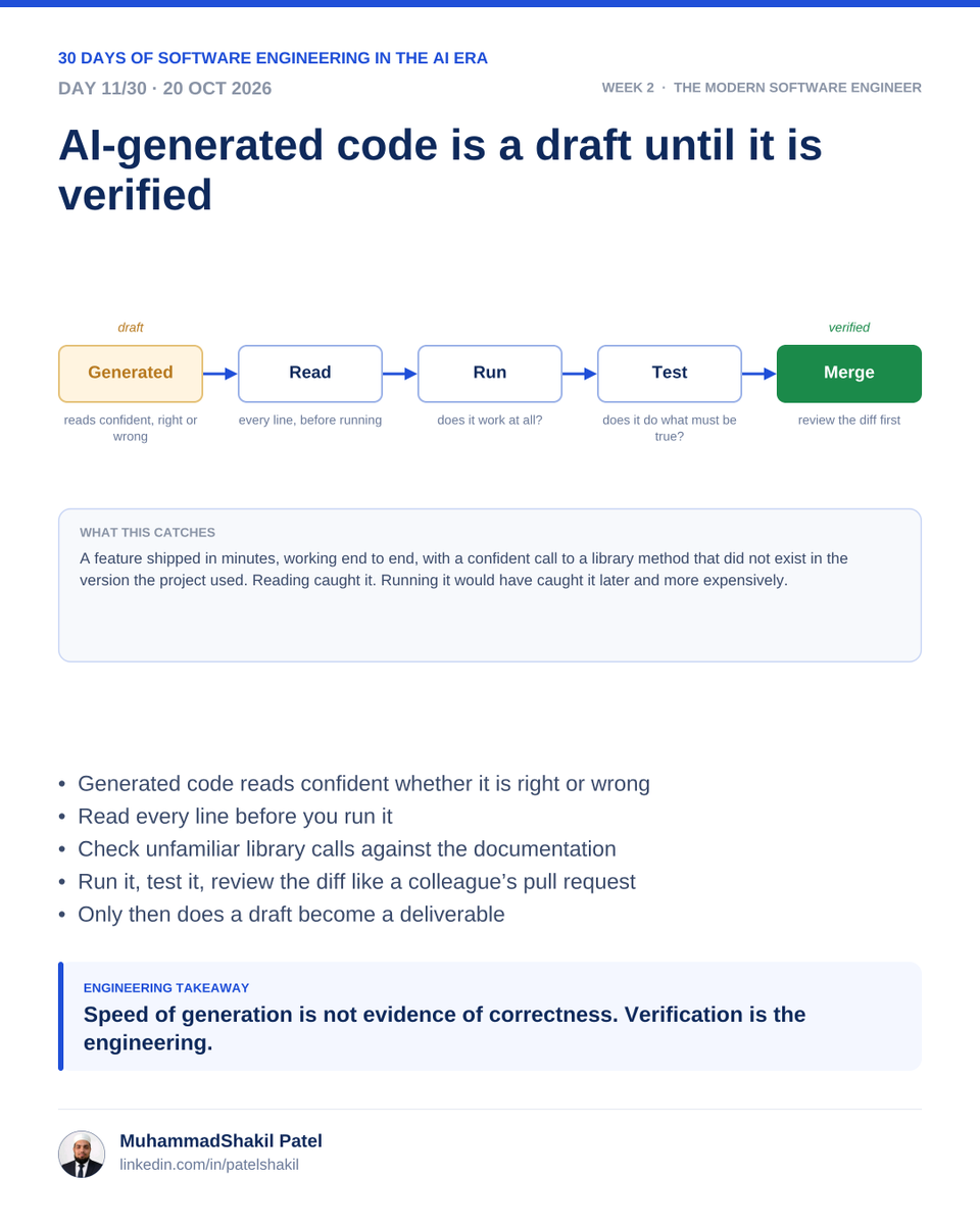 patelshakil95's tweet photo. #Day11 AI-Generated Code Is a Draft
-> Review correctness against requirements.
-> Check security, permissions, and input validation.
-> Look for edge cases and error handling.
-> Run tests and inspect dependencies.
-> Refactor code that adds unnecessary complexity.
1/2 https://t.co/E4a0AhnkZO