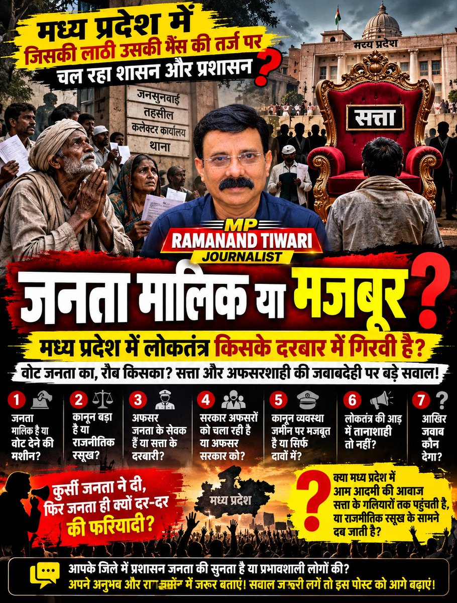 ramanandtiwari_'s tweet photo. “जनता के वोट से सत्ता, फिर जनता ही बेबस क्यों? मध्य प्रदेश में कानून का राज या रसूखदारों का?”
English Viral Hashtags:
#MadhyaPradesh #MPPolitics #BreakingNews #PoliticalNews #PublicVoice #GovernmentAccountability #RuleOfLaw #Democracy #PeoplePower #PublicRights #MPNews #Ramanand https://t.co/d97w3G3i2l