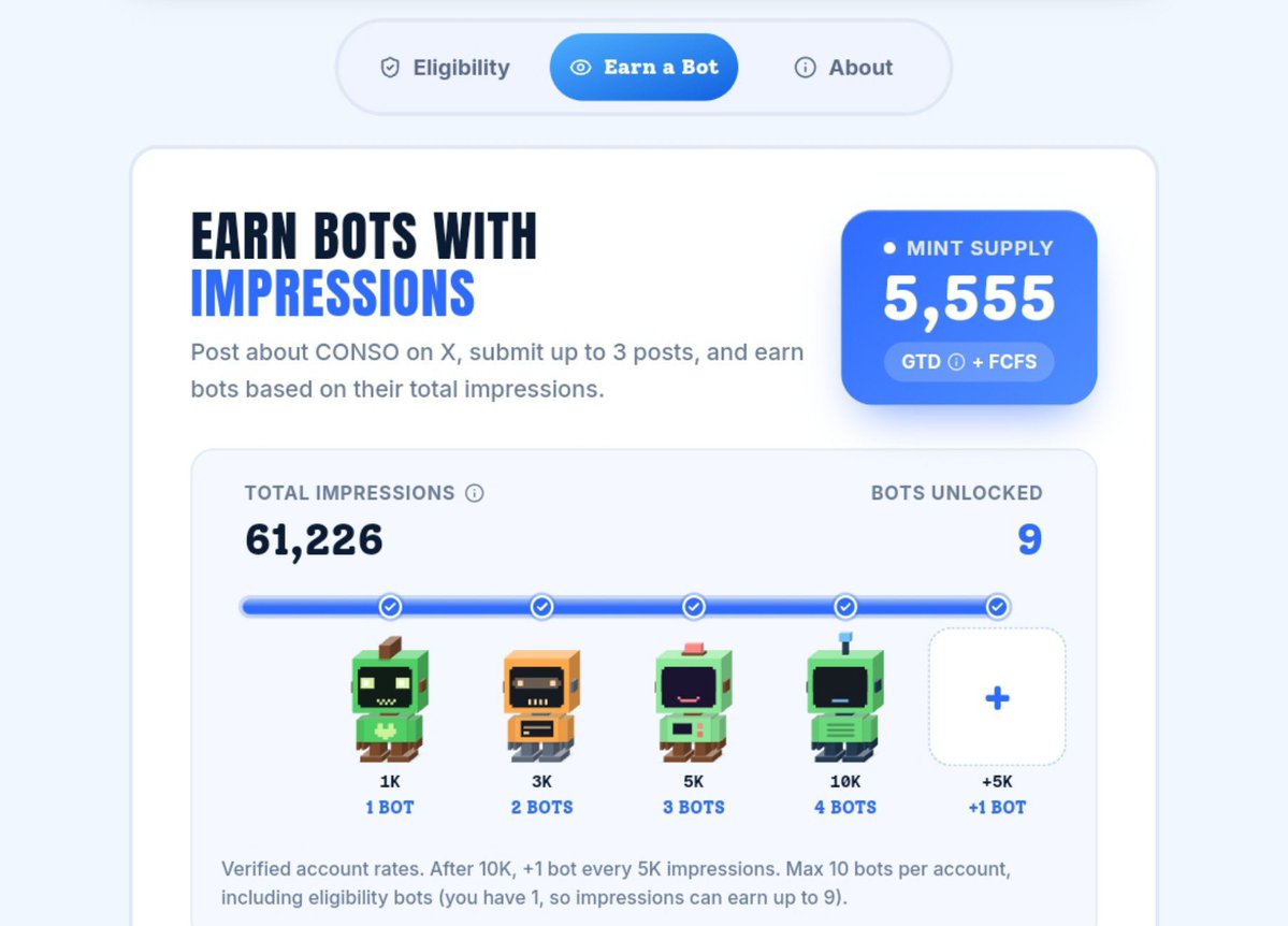 CryptoRohit07's tweet photo. Thanks @conso_xyz for Fixing This 🫡❤️

I'm Giving Away 4x Conso BOTS to My Community ❤️‍🩹

For Those Who Were Unable to Get 1K Impressions 👀 (A Small Appreciation )

Just ♥️ , 🔁  &amp; 💬 Something!

🎁 On Minting/Claim Day, I'll Randomly Select the Winners 🎉

Good Luck, CT Fam! 🫂 https://t.co/q1oUON0Z6Z