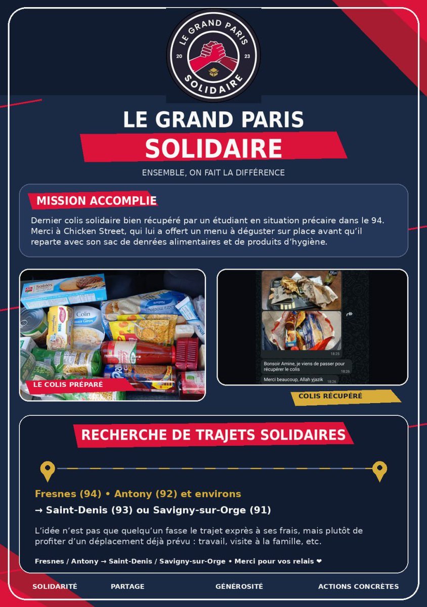 ParisienDuVdm's tweet photo. Dernier colis solidaire bien distribué ✅

⚠️ Nous recherchons des personnes faisant des trajets depuis Fresnes (94), Antony (92) ou les environs vers Saint-Denis (93) ou Savigny-sur-Orge (91).

L’idée n’est pas que quelqu’un fasse le trajet exprès à ses frais, mais plutôt de profiter d’un déplacement déjà prévu : travail, visite à la famille, etc.

Merci pour vos relais 💪🏻❤️