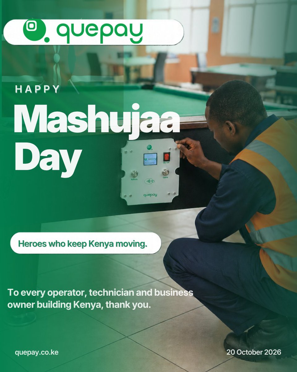 QuePayApp's tweet photo. Happy Mashujaa day. Today we honour our heroes who fought for our freedom, and everyday heroes who keep this country moving:  operators, technicians, and people building business from nothing.  Thank you😊 #mashujaa #Quepay https://t.co/e6k6OZ3QHy
