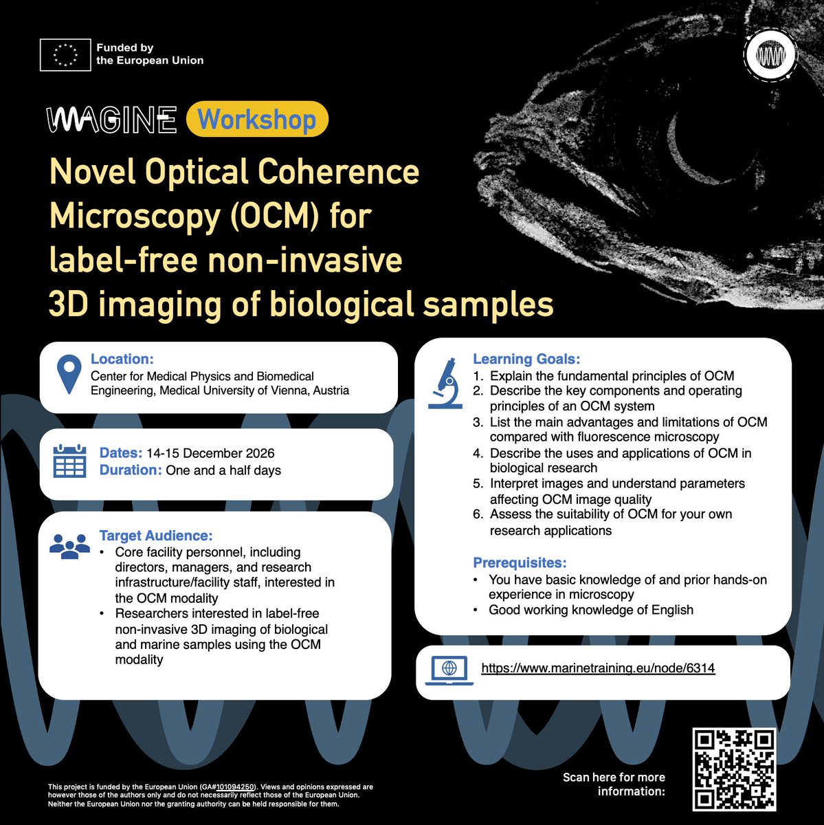 EuroBioImaging's tweet photo. Curious about Optical Coherence Microscopy (OCM)? Within the #IMAGINEproject, join us for a 2-day workshop to get hand's on experience using your sample on an OCM system. 
🗓️ December 14-15 
📍 Vienna, Austria
Apply by October 26⤵️ 
https://t.co/xGqmwTAjkC https://t.co/94TLkKEUN4