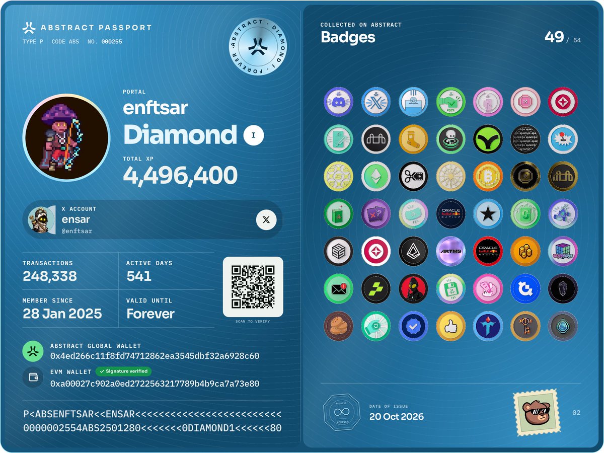 enftsar's tweet photo. 29 yaşıma geldim ama bugün elime ilkokul karnemi vermişler gibi hissediyorum. 😁

Dile kolay, @AbstractChain'de geçen tam 541 günlük serüvenimi @bycoinraven "Abstract Passport" içine sığdırmış. Ekrana bakınca sadece Diamond tier ve 49 badge görmüyorum; aylarca her gün kurduğumuz o airdrop ve TGE hayalleri canlanıyor.

Bu emeği ve yolculuğu nasıl unutacağız bilmiyorum... 😏