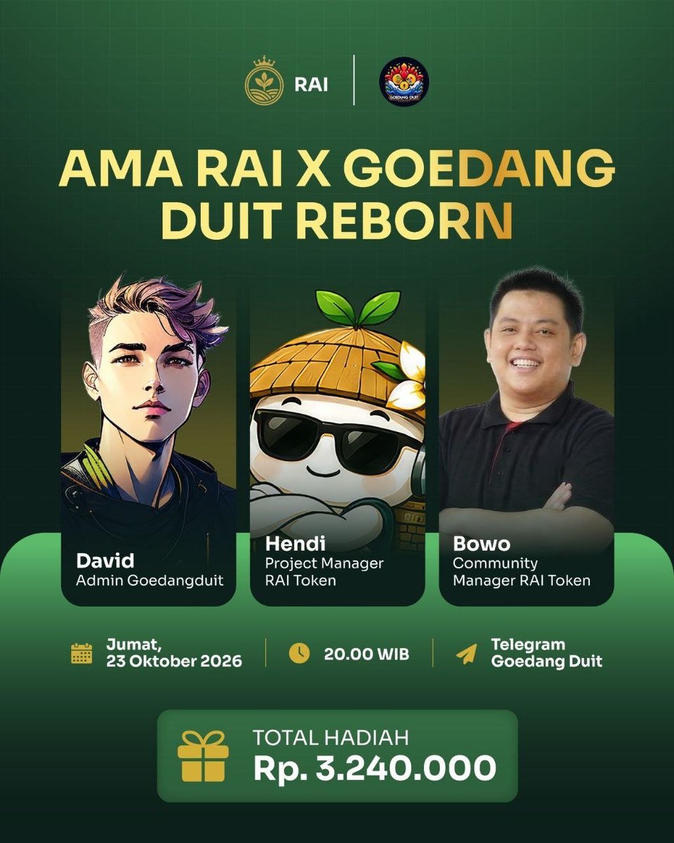 raitokenio's tweet photo. 🥥 Pernah minum es kelapa muda, tapi nggak tahu kelapanya dari kebun mana?

Itu yang lagi dikerjain RAI Token lewat RAI Hub: mencatat perjalanan hasil tani dari kebun sampai ke tangan kamu, secara terbuka di blockchain. Jadi asal-usulnya bisa dicek, bukan cuma "katanya".

Kali ini RAI Token ngobrol santai bareng Goedang Duit Reborn di sesi AMA! 🎙

📅 [Jumat, 23 Oktober 2026]
⏰ [20:00] WIB
📍 [Telegram - Goedangduit reborn] 

🎁 Ada apresiasi komunitas dalam token RAI:
- TOTAL HADIAH = Rp. 3.240.000

Caranya gampang, 3 langkah aja: 👇
1️⃣ Join Telegram RAI Token 👉 https://t.co/FBllCME25l , https://t.co/i8V6rFIL5Q
2️⃣ Follow X : https://t.co/dlWlDqBcQr 
3️⃣ Isi form + alamat wallet Solana kamu 👉 https://t.co/soWssOFJez

Lebih cepat dari nunggu air mendidih buat bikin kopi ☕

Pemenang dipilih acak dan diumumkan setelah verifikasi.

⚠️ Satu orang satu entri. Kami cuma butuh alamat wallet. JANGAN pernah kasih seed phrase atau private key ke siapa pun. Ikuti info hanya dari channel resmi.

#RAIToken #FromFarmToChain