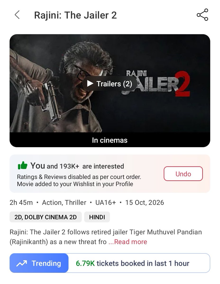 yetuyegambaram's tweet photo. Selling 57 K tickets per hour on BMS
#Jailer2
High chances for #Jailer2 to end up as the top movie in India for the highest number tickets sold on BMS for the first Tuesday beating Pushpa2. https://t.co/fhU00S2NFx