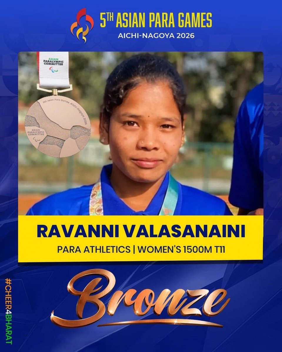 ysjagan's tweet photo. Heartiest congratulations to Ravanni Valasanaini on winning the bronze medal in women’s 1500m T11 event!  Your achievement reflects the power of dedication and the spirit of never giving up. You have made Andhra Pradesh and India proud, inspiring countless others with your remarkable accomplishment!

#AsianParaGames2026 
#Cheer4Bharat