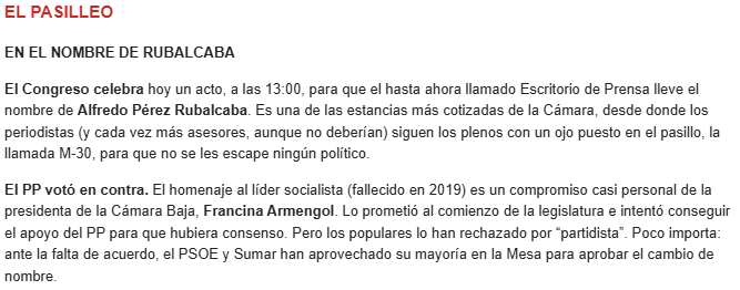 POLITICO_Esp's tweet photo. ¿Qué hay detrás del no del PP a una sala del Congreso en homenaje a Alfredo Pérez Rubalcaba?

Regístrate gratis aquí para recibir Madrid Playbook ⬇️
https://t.co/Ae00E3Mpb5 https://t.co/4CGVZoywZb