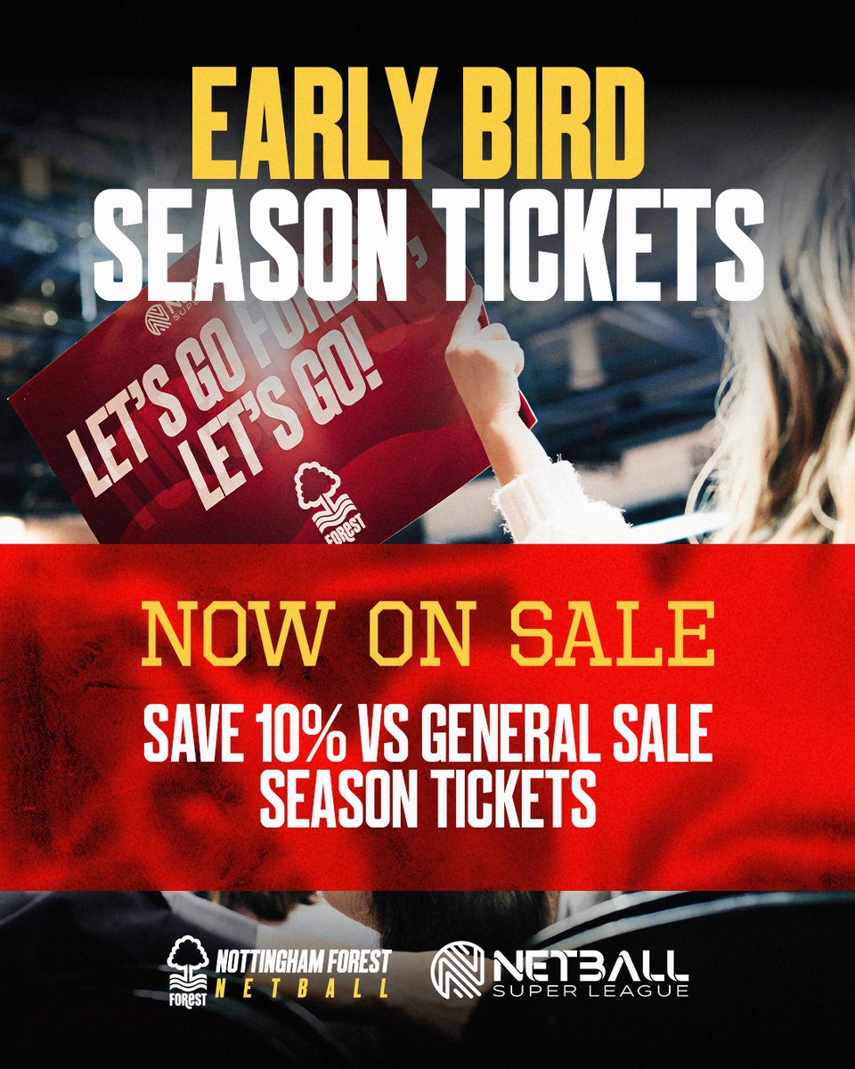 nottinghamarena's tweet photo. 🏐 Early Bird Season Tickets are now on sale for the 2027 Nottingham Forest Netball Super League season!

Save an extra 10% and secure your seat for all the action ❤️

📅 Early Bird window closes 4 January 2027
🎟️ Book your season tickets now! https://t.co/cDOsUHRUyG https://t.co/J6KMOz2Bty