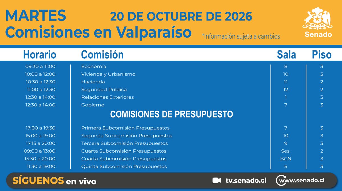 Senado_Chile's tweet photo. 👉La actividad legislativa de este martes 20 de octubre de 2026 

Desliza y guarda para seguir el pulso de la jornada 📲

Síguenos en vivo:

🎥 https://t.co/wltyVvTJCv
🌐 https://t.co/NoKV9p3Njs

📰 Suscríbete a nuestro Periódico Electrónico

#SenadoChile#marteslegislativoa#comisionessenado