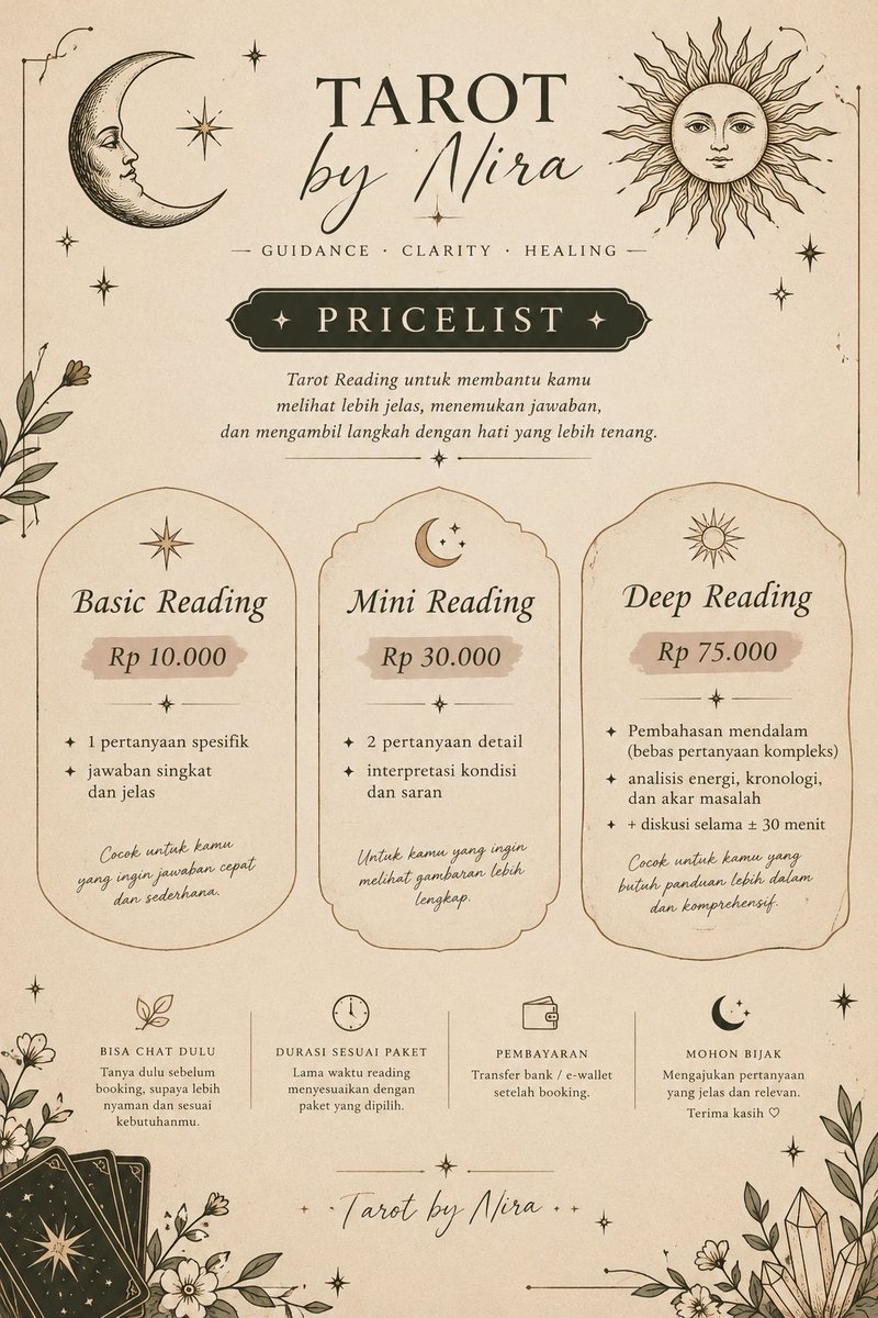 tarotbynira's tweet photo. ini ya sayang-sayangku yg tanya pricelist. 

anw aku masi ada promo sampai akhir bulan ini. dm aja yaa😍🫶🏻 https://t.co/EZZ5E3W98O