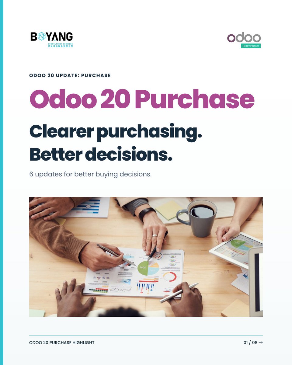 BYCSHK's tweet photo. The cheapest supplier is not always the best supplier.
@Odoo 20 Purchase helps teams compare quotations, track delivery commitments, review unit costs, structure agreements and assess vendor quality more clearly.
Better visibility. Better buying decisions.
#BYCS #Odoo20 #ERP https://t.co/oOPABuuxrj