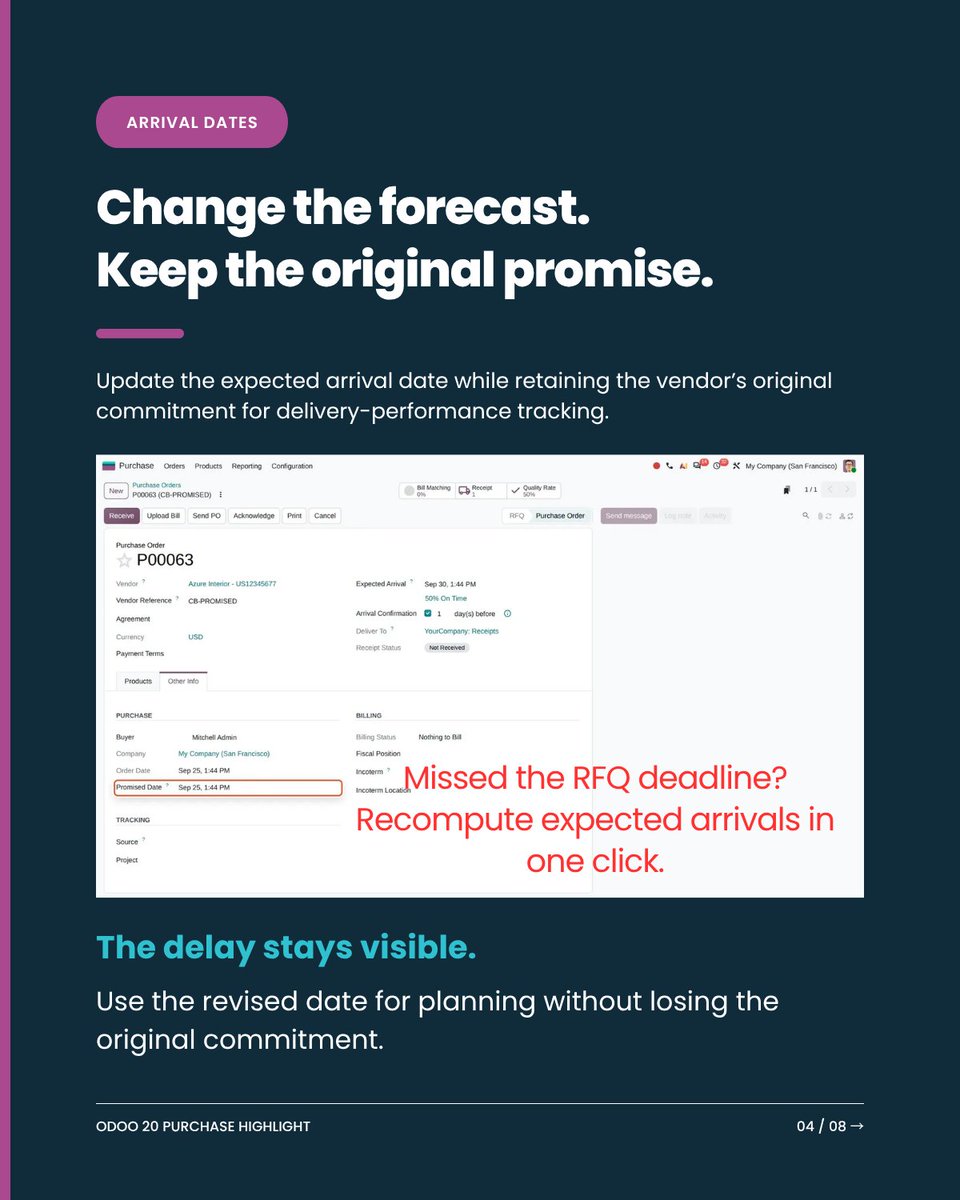 BYCSHK's tweet photo. The cheapest supplier is not always the best supplier.
@Odoo 20 Purchase helps teams compare quotations, track delivery commitments, review unit costs, structure agreements and assess vendor quality more clearly.
Better visibility. Better buying decisions.
#BYCS #Odoo20 #ERP https://t.co/oOPABuuxrj
