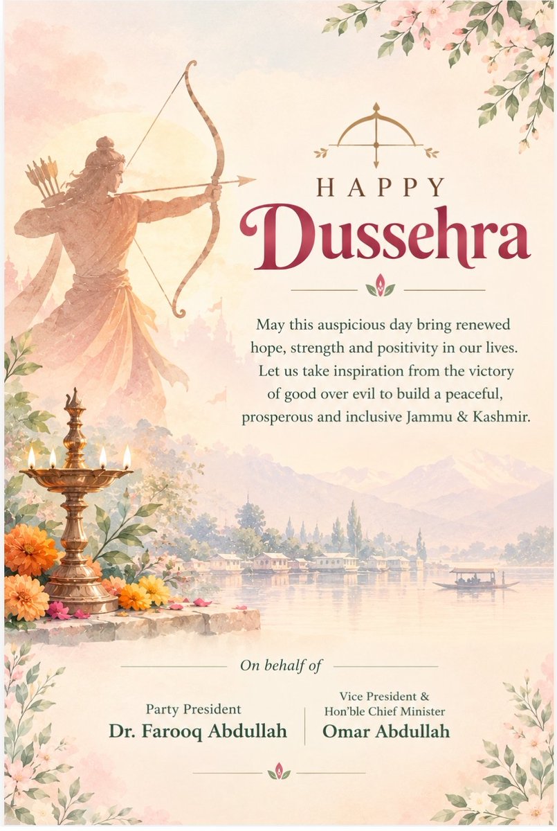 JKNC_'s tweet photo. On the auspicious occasion of Dussehra and Mahanavami, Party President Dr. Farooq Abdullah and Vice President & Hon’ble Chief Minister Omar Abdullah extend their warm greetings to the people.

May these sacred festivals inspire us to uphold the values of truth, courage and righteousness, and strengthen our collective resolve to build a peaceful, prosperous and inclusive Jammu & Kashmir. May the victory of good over evil bring hope, harmony and happiness to every home.