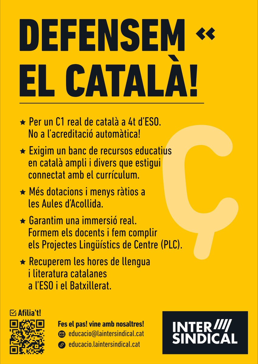 InterEducacio's tweet photo. Els 5 eixos de La Intersindical per a un pla de rescat real del català a l’ensenyament

Davant les operacions de maquillatge del Departament i els atacs polítics i judicials, La Intersindical reclamem mesures urgents i efectives:

1️⃣ Un C1 real a 4t d’ESO, acreditat mitjançant una prova específica i homologada.

2️⃣ Un banc públic, gratuït i actualitzat de recursos educatius en català.

3️⃣ Més dotacions i una ràtios màximes de 10 alumnes a les aules d’acollida.

4️⃣ Immersió real, formació sociolingüística del professorat i compliment estricte dels projectes lingüístics de centre.

5️⃣ Recuperació de les hores de llengua i literatura catalanes a l’ESO i al batxillerat.

El català, pal de paller de la nostra cohesió social i nacional, no necessita dreceres ni propaganda a l'escola, sinó recursos, compromís i mesures fermes.

👉 Llegeix el nostre comunicat complet en aquest enllaç:

https://t.co/sUn1kW16H7