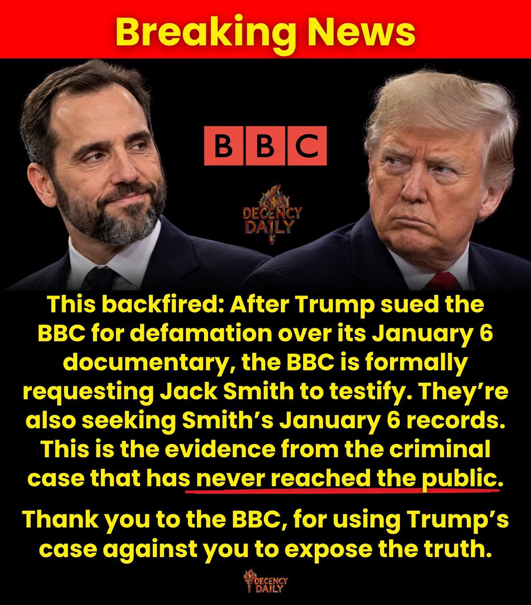 Gianl1974's tweet photo. Breaking: Trump sued the BBC. Now they are making a new request to bring in Jack Smith, and the evidence he collected. Now evidence from the January 6 case that never reached a jury, which was not publicly released, could be aired in court.

Trump filed his defamation lawsuit after the BBC aired a documentary that combined separate parts of his January 6 speech. He claimed the edit falsely made him appear to tell supporters to go to the Capitol and fight.

The BBC is now seeking testimony from former special counsel Jack Smith, the prosecutor who charged Trump over his effort to overturn the 2020 election. It also wants records tied to the January 6 investigation.

Smith’s federal case accused Trump of using false fraud claims to pressure state officials, assemble fake electors, pressure Vice President Mike Pence, and exploit the January 6 attack to stay in power. Trump was never tried. The case ended after his 2024 election, when Justice Department policy barred prosecuting him as a sitting president.

But Trump’s civil lawsuit has opened discovery. The BBC can seek documents, depositions, and testimony relevant to whether its reporting was true and whether Trump can prove actual malice.

The BBC’s lawyers have argued that Smith’s evidence goes directly to the heart of Trump’s claim: what Trump was doing on January 6, what he said, what he knew, and whether the documentary conveyed a substantially true account of the day.

Trump wanted damages from the BBC. Instead, he may have opened a courtroom door to evidence from the January 6 case that never reached a criminal jury.

Thank you to the BBC for using Trump’s case against him to expose the truth about him.