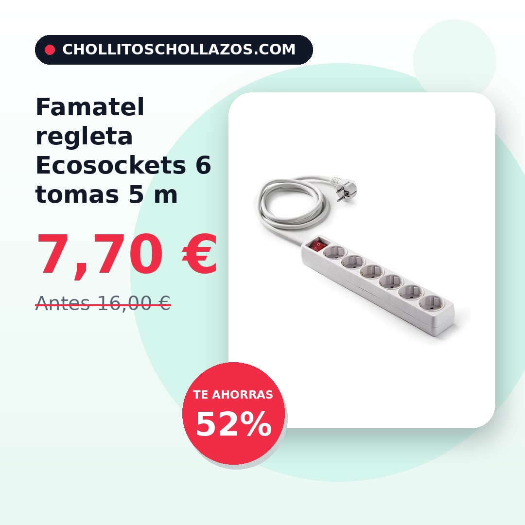 ChollitosAmazon's tweet photo. Famatel regleta Ecosockets 6 tomas 5 m por 7,70 € (-52%) https://t.co/yQff5iu4Ph #chollos #Amazon #regleta #Famatel https://t.co/s0lZHIkRNC
