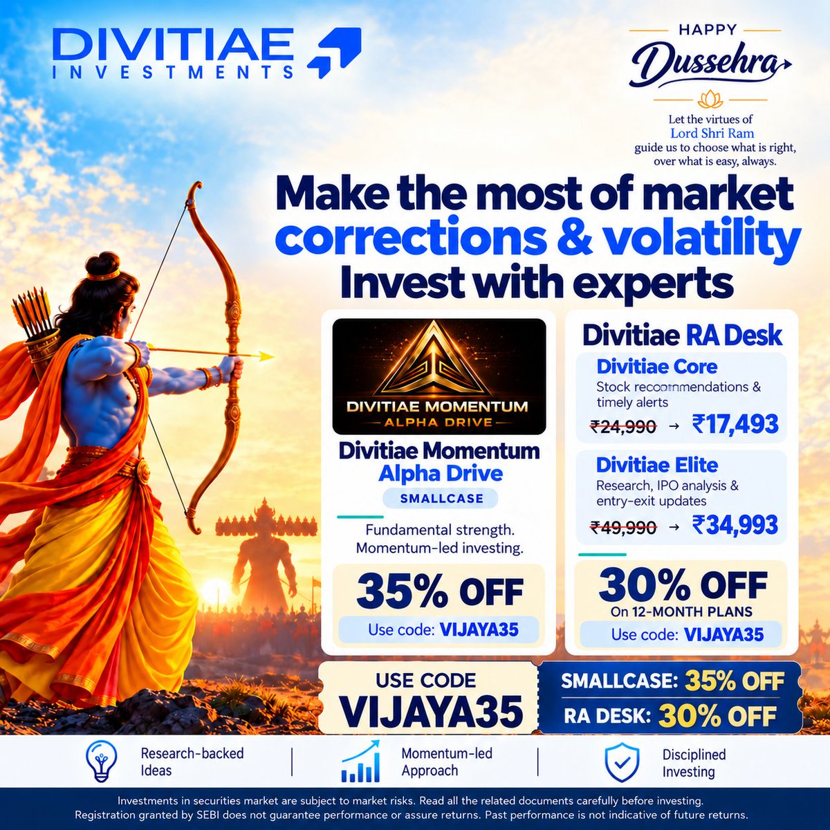 Goldforestinves's tweet photo. Markets are testing patience. 

This Dussehra, a small gift to my followers.

Wishing you clarity, conviction and wiser investing. 🪔

Divitiae festive offers 👇 Code: VIJAYA35

@DivitiaeIn @AimInvestments https://t.co/ieORQWMriF