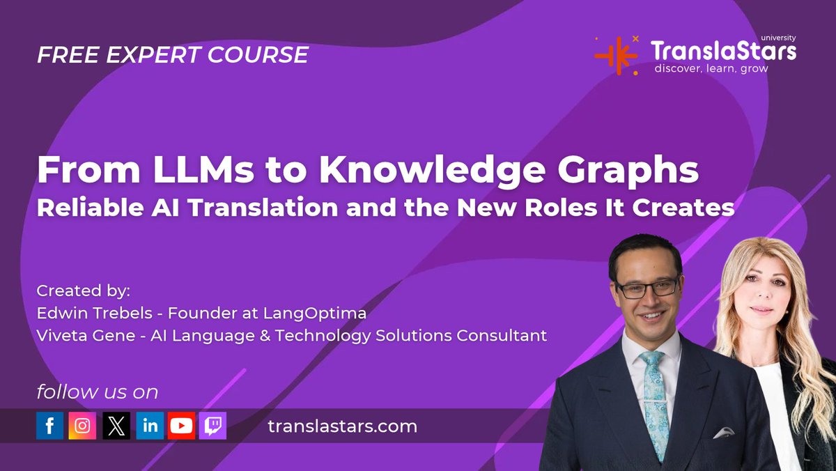 TranslaStars's tweet photo. 🚨 𝗙𝗥𝗘𝗘! 𝗧𝗢𝗗𝗔𝗬! 🧠

🤖 #LLMs &amp; #KnowledgeGraphs

🔗 Connected data
🌐 AI translation &amp; #KGMT
🚀 New #Localization skills

🎓 Edwin Trebels &amp; Viveta Gene
⏰ 16:00 CET | 2h live

👉 https://t.co/1Cwsqdx3tF https://t.co/F4Dq4SNKd4
