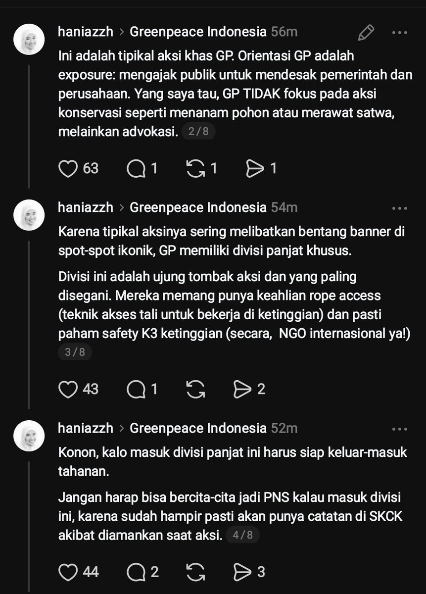 reftif_'s tweet photo. Salah satu mantan volunteer Greenpeace spill tentang aksi Greenpeace yang ikonik hari ini, memasang spanduk di patung Bundarang HI

>Greenpeace mengincar eksposure, supaya mengajak masyarakat aware

>ternyata memang ada divisi panjat tebing tersendiri

>untuk memasuki divisi panjat tebing, harus tidak memiliki cita cita masuk PNS, sebab pasti akan berurusan dengan penjara dan SKCK

>aksi di Bundaran HI termasuk sukses, meski hanya 1 jam banner bertahab, traffic saat itu sedang bagus, diliput sana sini dan viral

Jika dilihat memang well callculated bgt sih, momennya pas : di hari yang sama mahasiswa turun aksi

Ukuran bannernya juga presisi

Yang bikin kagum, semua personilnya yang masang banner adalah cewe🙌