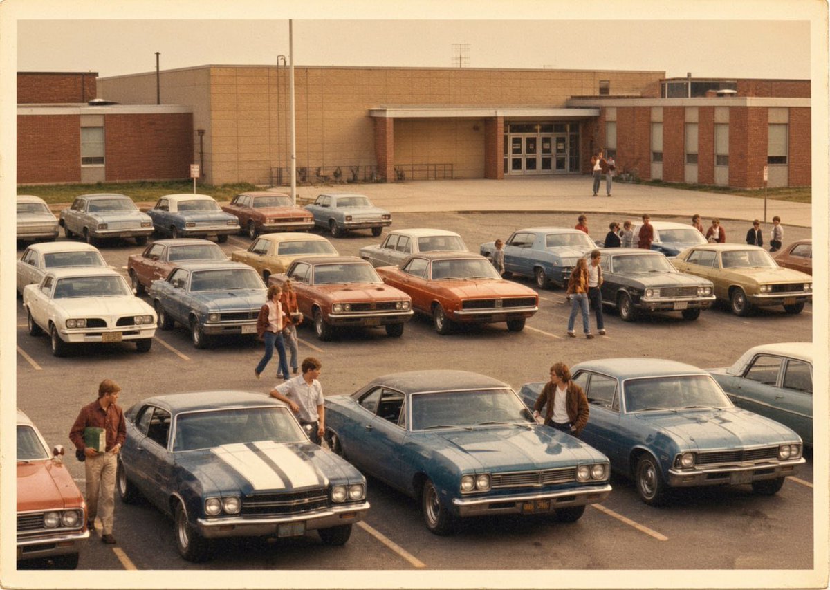 Margarefwef's tweet photo. Remember when the high school parking lot was full of classic cars? What did you drive back in those days? https://t.co/wAKBLe1RAU