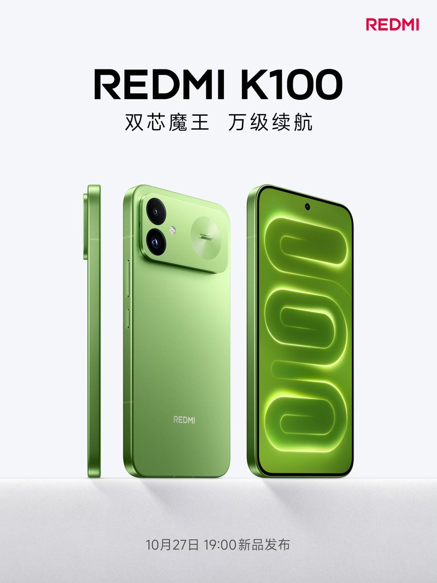 TelecomTalk's tweet photo. Redmi K100 Is Launching In China On October 27!

- The upcoming smartphone is teased with a massive 10,000mAh-class battery, a dedicated gaming chip, Bose dual speakers, and a metal frame with a bigger 6.9-inch 1.5K AMOLED flat display.
- Could this be a new gaming powerhouse?
#RedmiK100 #Redmi #RedmiGamingPhone #RedmiPhone