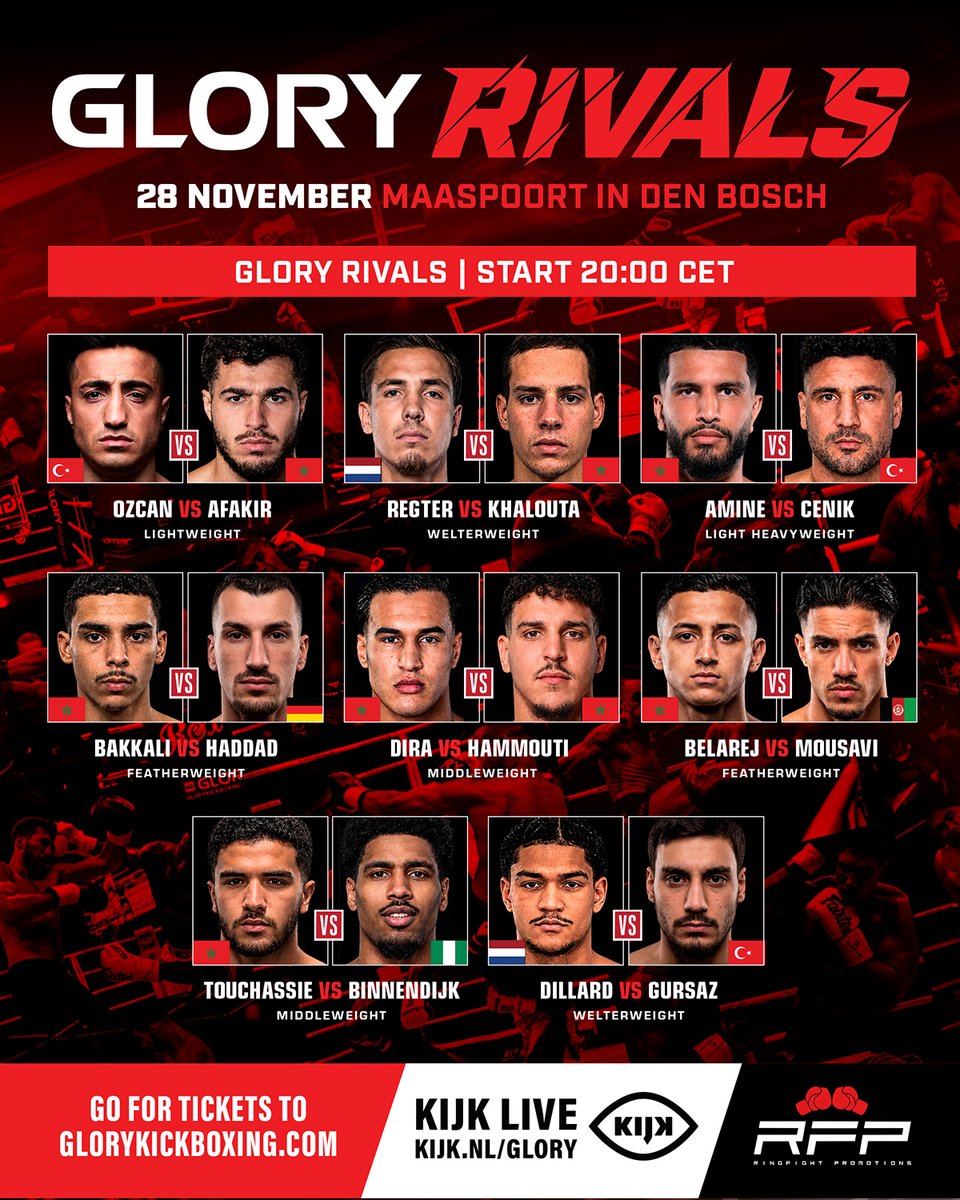 GLORY_WS's tweet photo. 🚨 BREAKING: THE #GLORYRIVALS6 FIGHT CARD IS OFFICIAL!

GLORY and RingFight Promotions join forces for an incredible event on November 28 in the Maaspoort in Den Bosch and we can't wait to discover what the future of kickboxing has in store for us!

Tickets are on sale NOW!

#GLORYRIVALS6 | NOV 28 | TICKETS ON SALE NOW | Maaspoort, Den Bosch