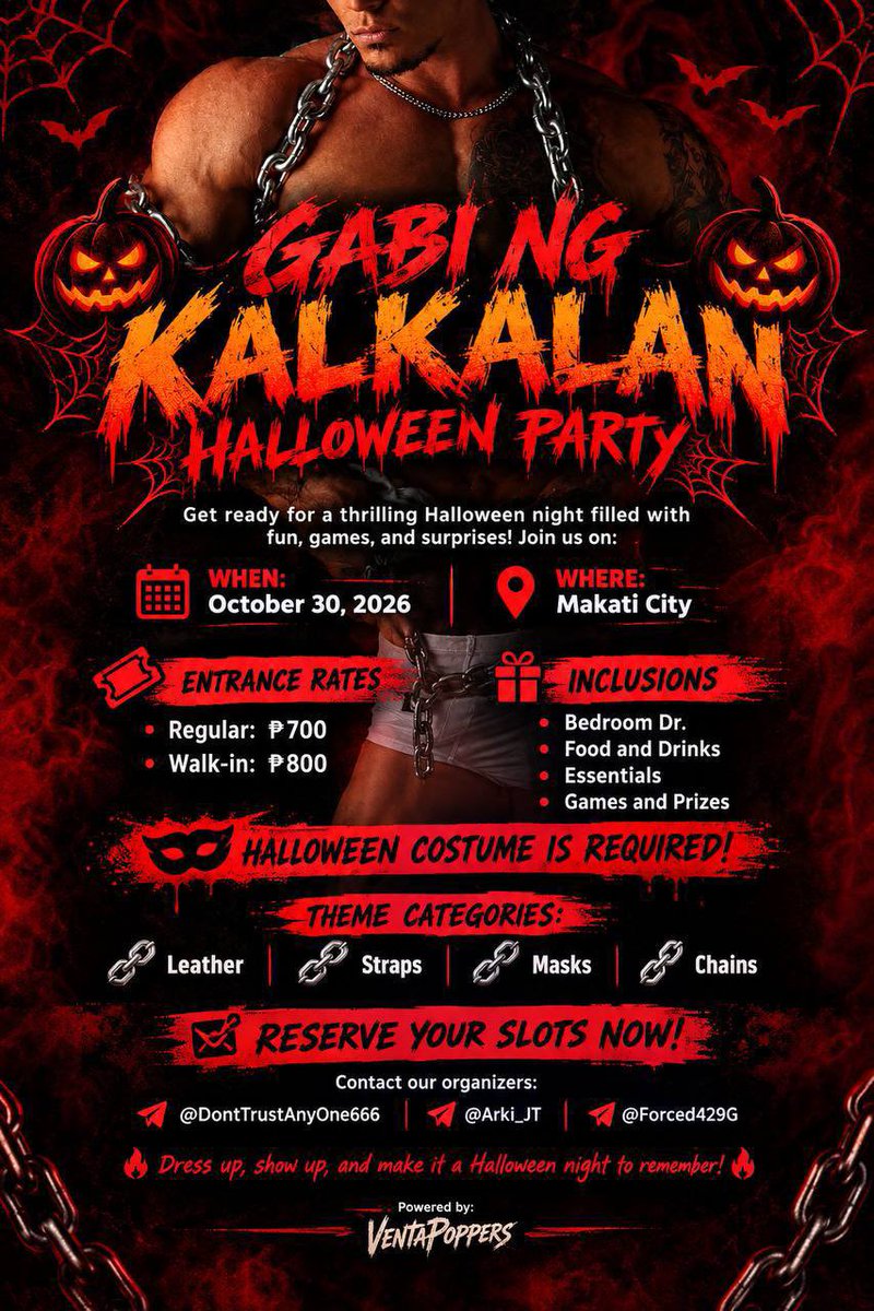 s1ssybttm's tweet photo. 🎃 GABI NG KALKALAN 🎃
🕸️ HALLOWEEN PARTY 🕸️

Get ready for a thrilling Halloween Fisting Party filled with fun, games, and surprises! Join us on:

📅 WHEN: October 30, 2026
📍 WHERE: Makati City

🎟️ ENTRANCE RATES

• Regular: ₱700
• Walk-in: ₱800

@Arki_JT
@Forced429G https://t.co/4GaCbS30On