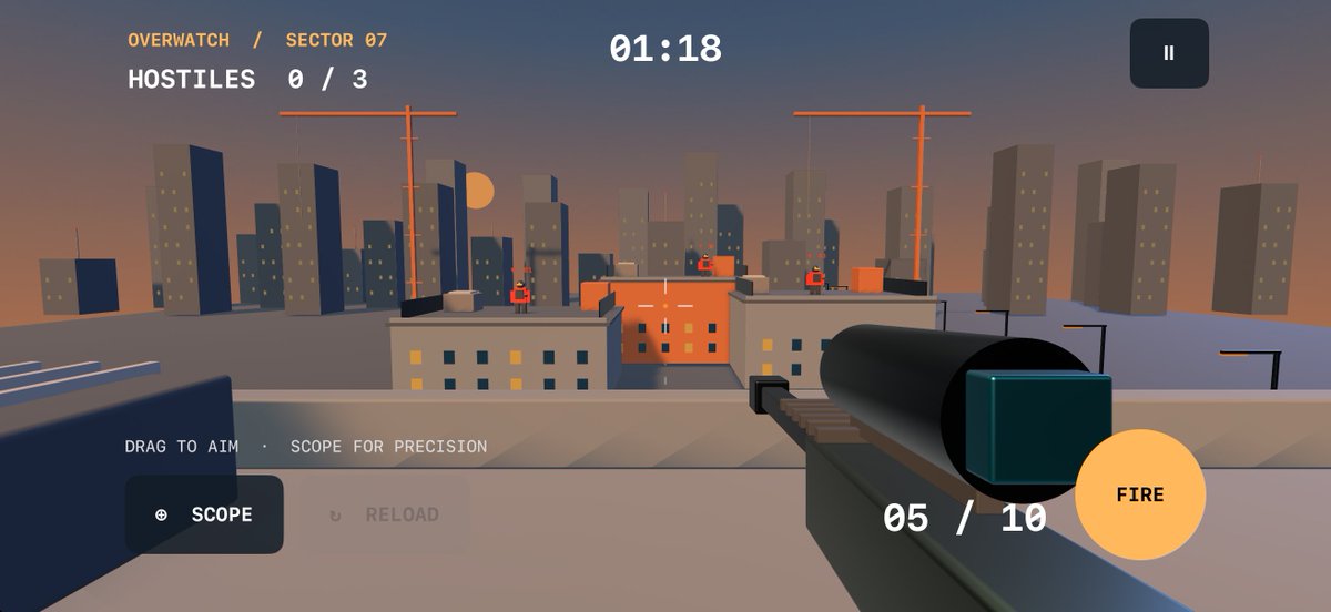 mohitdotdev's tweet photo. Sniper v0.1.0 init.

One rooftop. Three targets. 90 seconds. 🎯
Building a native iOS sniper game with Swift + RealityKit. Procedural city at dusk, 4× scope, limited ammo, and recoil. All scenery and sound generated in code.
Here’s the first playable prototype. https://t.co/IMD7PeEs8n