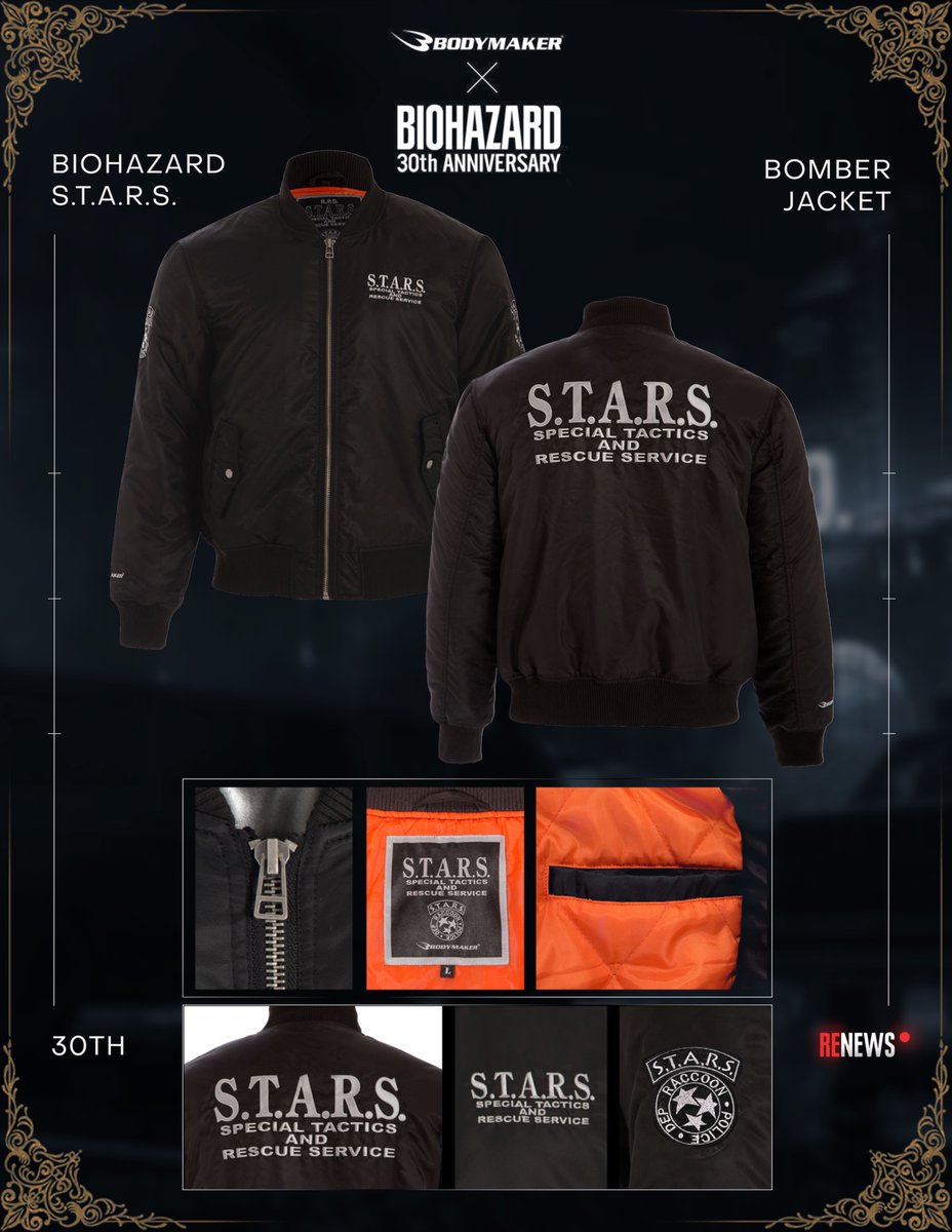 RENews_X's tweet photo. 🔥 BODYMAKER × RESIDENT EVIL Jackets Are Back.

Japanese sportswear brand BODYMAKER is bringing back the popular R.P.D. and S.T.A.R.S. MA-1 jackets to celebrate Resident Evil’s 30th anniversary.

📅 Pre-orders open October 20, Today!
🛍️ Orders are expected to ship from early December. International shipping is available through Buyee.

Buy here: https://t.co/RxkVP5roqQ