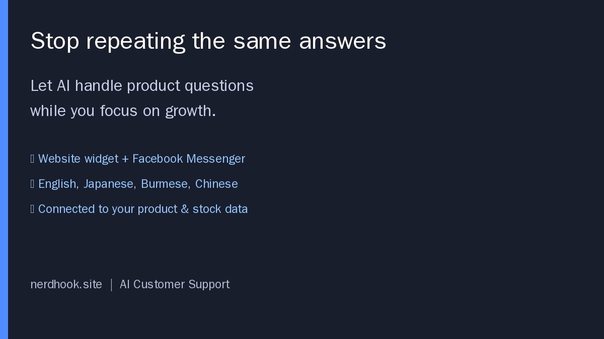 needhook554's tweet photo. Still answering the same question 20 times a day?

NerdHook AI answers product &amp; stock questions from your store data automatically.

Website + Facebook Messenger.
English, Japanese, Burmese, Chinese.

Try it: https://t.co/3pbJsXa0qY

#Ecommerce #CustomerSupport https://t.co/I9JlnqG29i