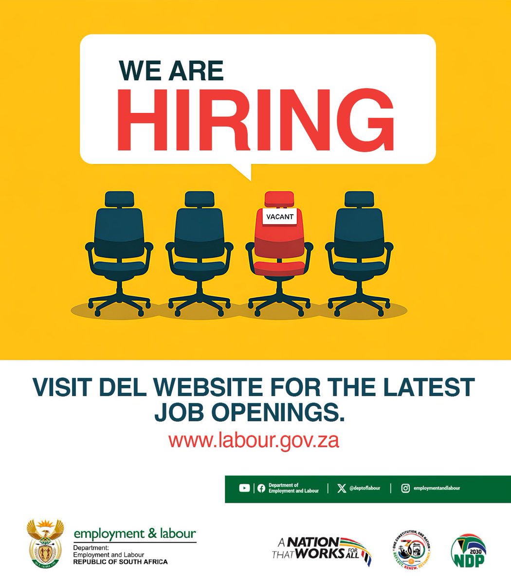 deptoflabour's tweet photo. WeAreHiring! 📢 Be sure to check out the Department of Employment and Labour website for the latest job openings 👉 https://t.co/xQrvk09TUs

#Yazini #ServicedeliveryZA #GovZAUpdates
 #WORKINGFORYOU # #GOLDENJUBILEE https://t.co/lPi1QZjTRe