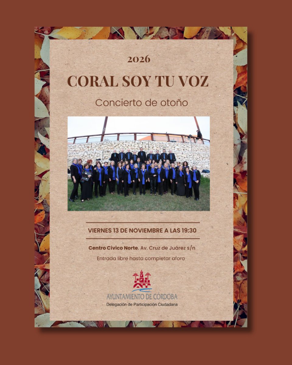 ParticipaCor's tweet photo. 🎶🍁 ¡Disfruta del Concierto de Otoño con la coral "Soy tu voz" en el Distrito Norte Sierra!
🗓️ Viernes 13 nov | 19:30 h📍 C.C. Norte (Av. Cruz de Juárez)🎟️ Entrada libre hasta completar aforo
¡Hagamos barrio con la mejor música! 🙌✨ 

#Córdoba #HaciendoBarrio https://t.co/q2zZ4ru88J