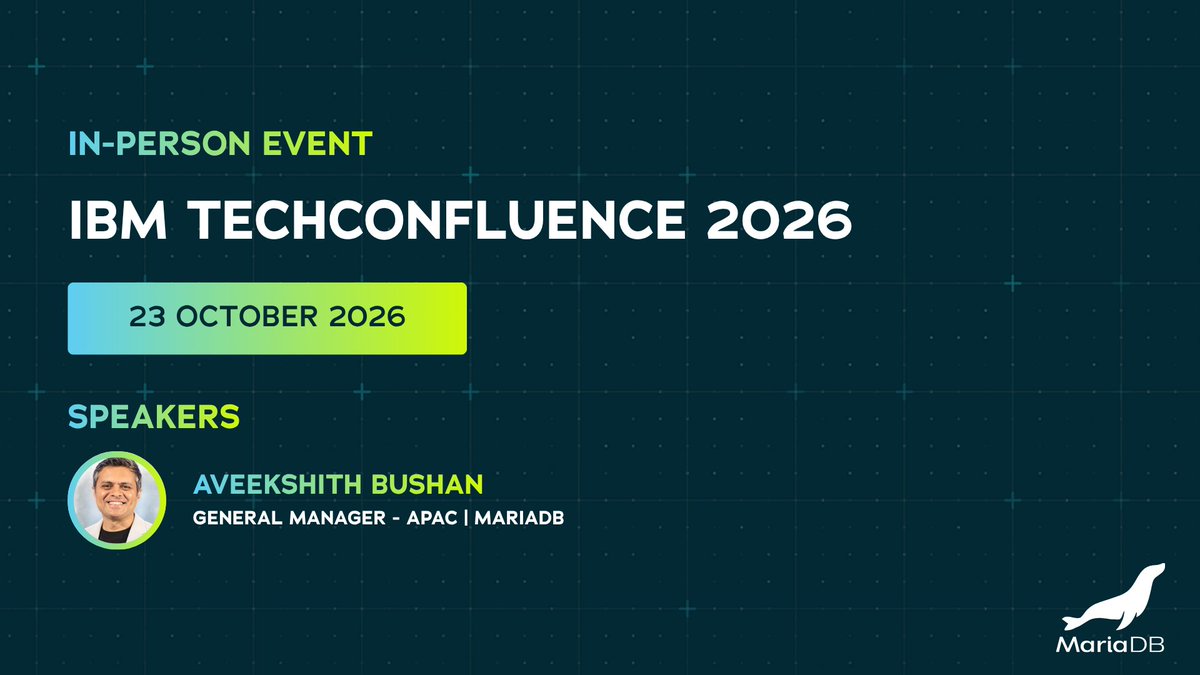 mariadb's tweet photo. Save the date 📅 MariaDB is excited to attend @IBM TechConfluence 2026 with fellow IBM ecosystem players — including @tech_mahindra and @TCS.  

Strong data foundations are critical to bringing enterprise AI to life at India’s scale, along with partners who can connect the pieces. At TechConfluence, MariaDB's Aveekshith Bushan will join a panel with Clarifai, in addition to speaking on the ISV Innovation panel.   

We’re looking forward to exchanging ideas on AI, application modernisation and the data powering business-critical systems. If you’re building the next generation of enterprise applications in India, join us: https://t.co/WKhzrXjTai