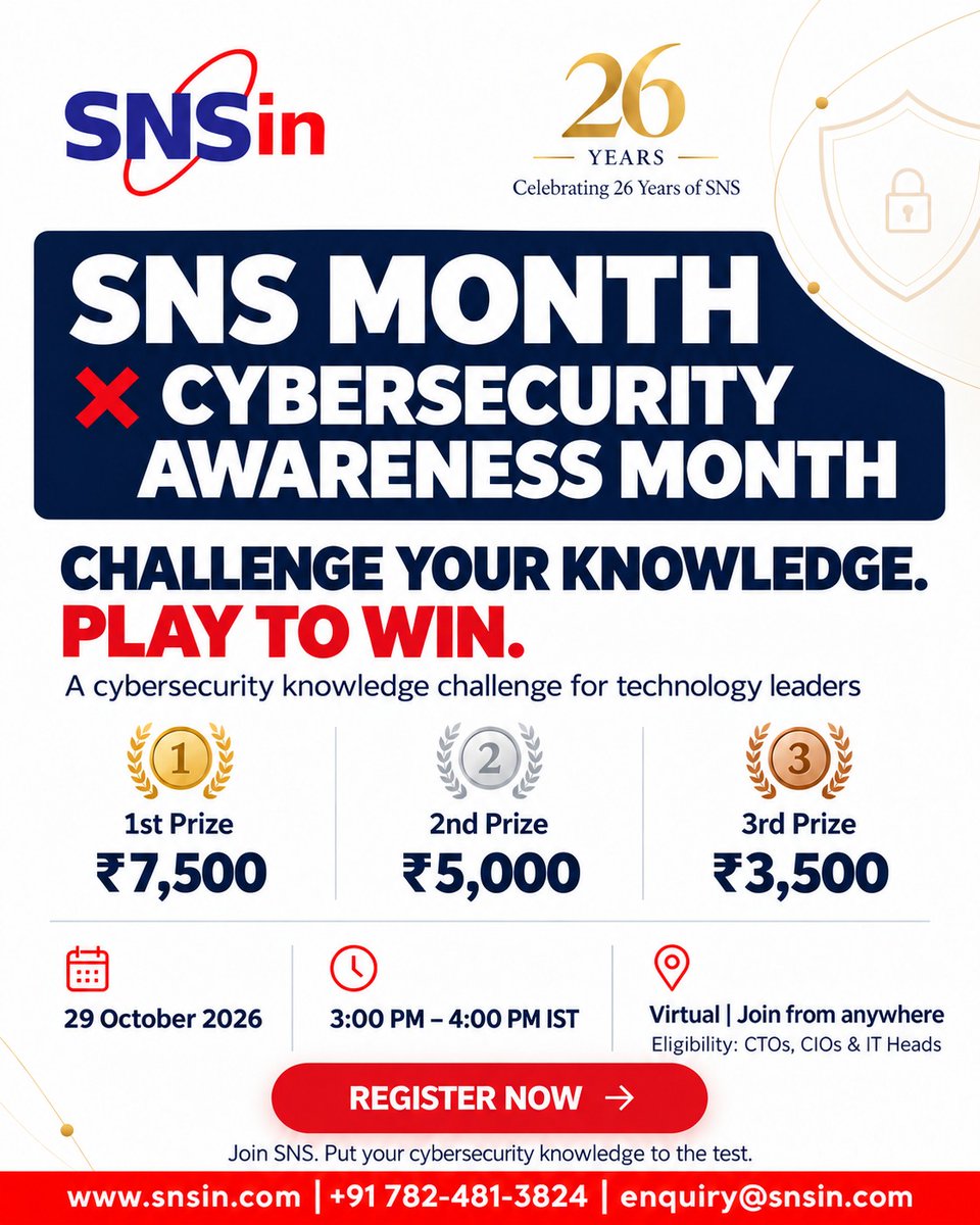 SolutionsSecure's tweet photo. 🏆 Test your cybersecurity knowledge and win prizes up to ₹7,500!

📅 29 Oct | 3–4 PM IST
💻 Virtual | For CTOs, CIOs &amp; IT Heads

🔗 Register: https://t.co/IDQUTXf2nc

#SNSMonth #CybersecurityAwarenessMonth https://t.co/EVPh1O6Qyn