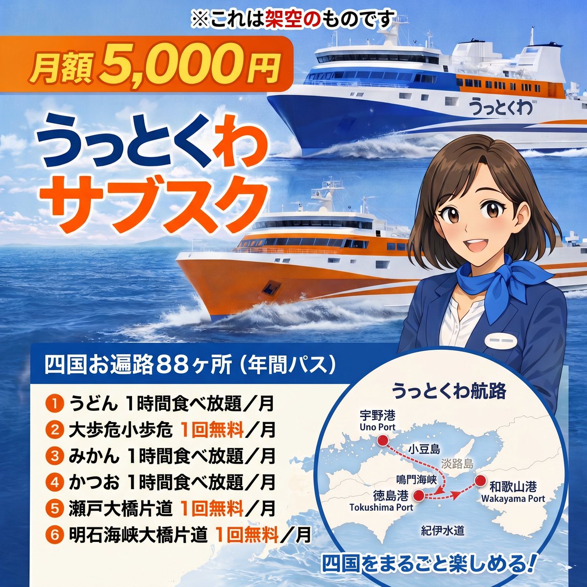 9_hiropon's tweet photo. 【提案】
─　うっとくわ航路　─
　
まだ、事業継承者は現れませんが
四国巡りのサブスクを考えてみました。
　
満願のその先に、もうひとつの巡礼を。
フェリーで四国をめぐる旅へ。
　
地域と地域を結ぶ船だからこそできる提案。
旅の選択肢は多い方が面白い。
　
↓　画像は架空のものです。