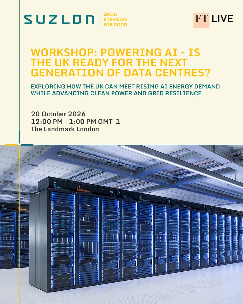 Suzlon's tweet photo. Artificial intelligence is reshaping the future of energy demand, bringing new opportunities and new challenges for power systems around the world.

This workshop will explore whether energy infrastructure, grid readiness, and policy frameworks can keep pace with the rapid growth of AI and digital infrastructure, and what it will take to power the next generation of economic growth sustainably.

#Suzlon #GoodEnergiesForGood #FTEnergyTransitionSummit
