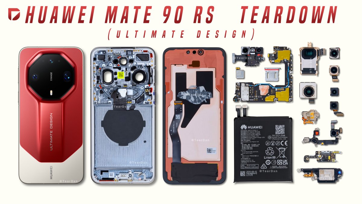 Techtaclee's tweet photo. New Video: Huawei Mate 90 RS Ultimate Design TEARDOWN (Disassembly) - See What's inside this Phone!
.
Video Link: https://t.co/EvyZR2JYVr
.
#HuaweiMate90RSUltimateDesign #Teardown #TearDxn #HuaweiMate90RS #Huawei #HuaweiMate90 https://t.co/K7JqWRW8Za