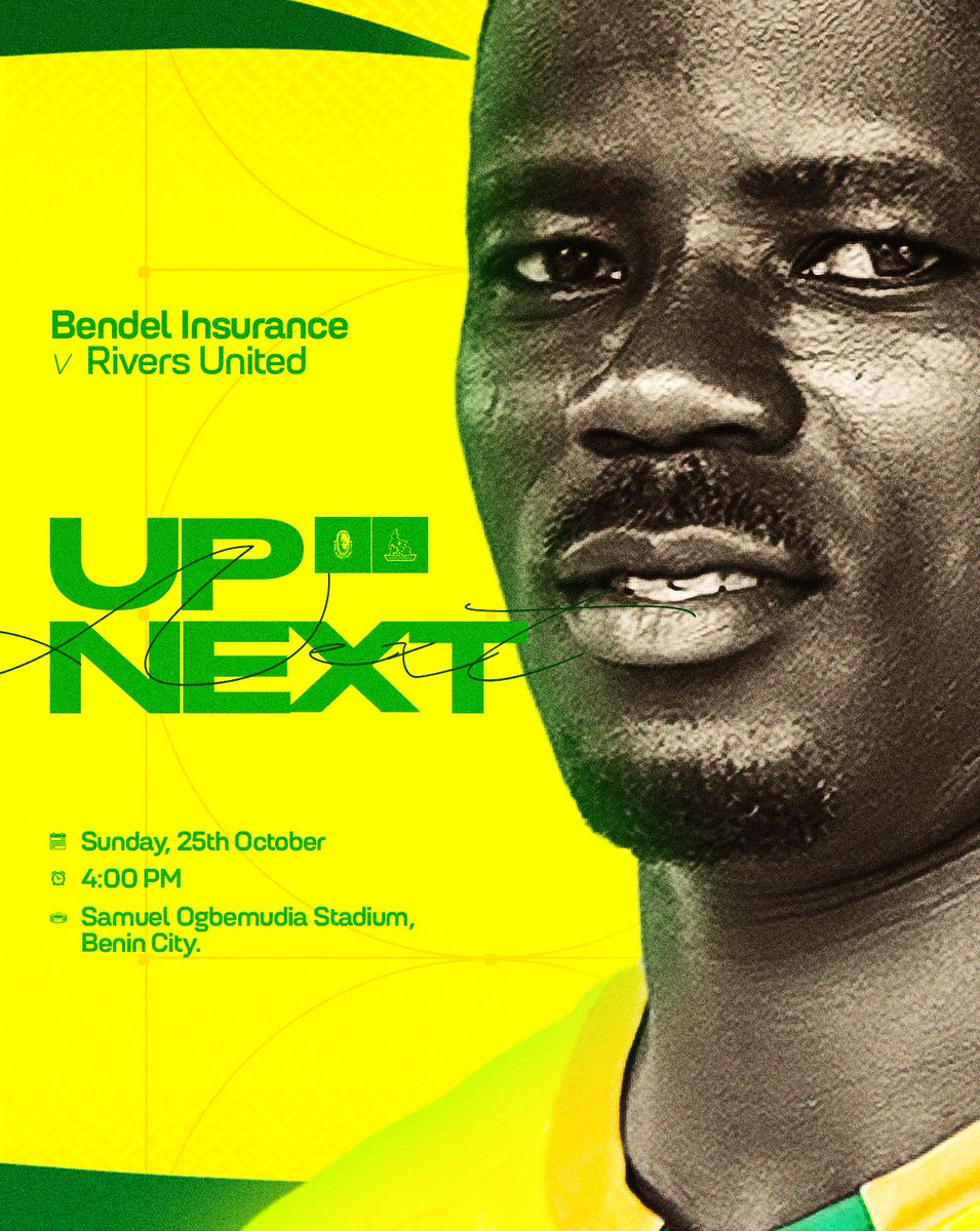 bendelinsurance's tweet photo. Up Next: South-South Derby on Home Turf 🔥

🆚 Rivers United 
🏟️ Samuel Ogbemudia Stadium
🗓️ Sunday 25th October 
⏰ 4:00 PM

Adaaa Bendel! 💛💚

#NPFL27 https://t.co/8lrcxiDFzR