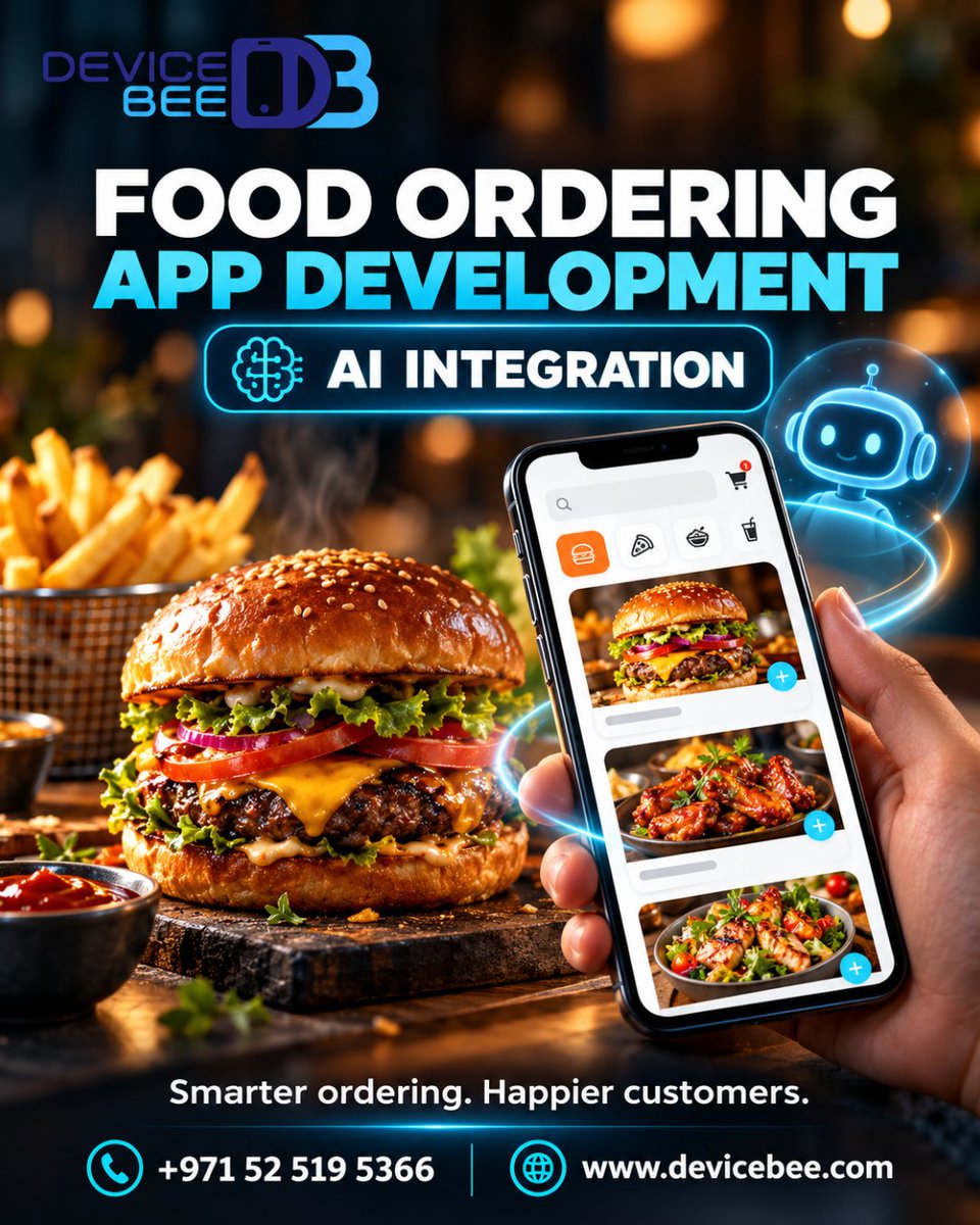 Devicebee's tweet photo. Make every order feel effortless. 🍔📱

Give your customers a convenient way to explore the menu and place orders with a food ordering app built around your business, with AI integration.

Ready to create a smarter ordering experience? Let’s talk.

📞 +971 52 519 5366
🌐 https://t.co/Pyj0PVlNyX

#FoodOrderingApp #AppDevelopment #AIIntegration #DevicebeeTechnologies #UAE