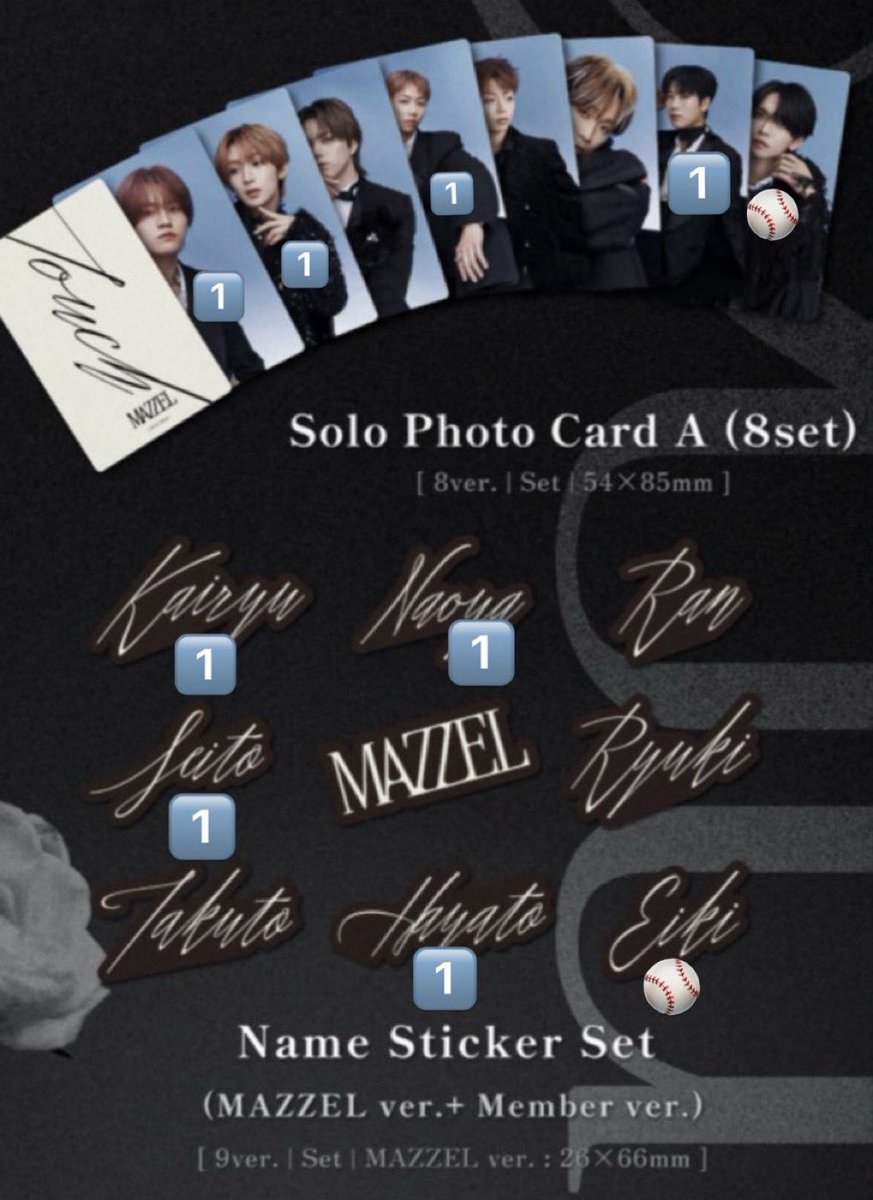 _____8kka's tweet photo. MAZZEL Touch 交換
ソロフォトカ ネームステッカー 
譲　KAIRYU NAOYA SEITO HAYATO
求　⚾️ EIKI

郵送交換対応、買取可能
お心当たりのある方はリプまたはdmまでお願いいたします。
 #MAZZEL譲  #MAZZEL求  #MAZZEL交換 https://t.co/61EuedcEUL