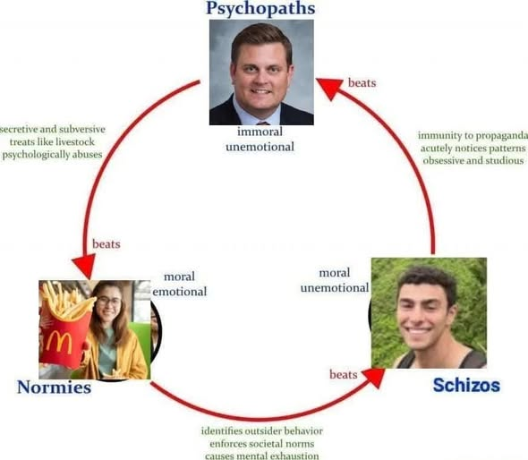 Kni7es's tweet photo. @NotPotBol The immortal scientific theory of psychos, schizos, and normies. https://t.co/4k6tOsg7Me