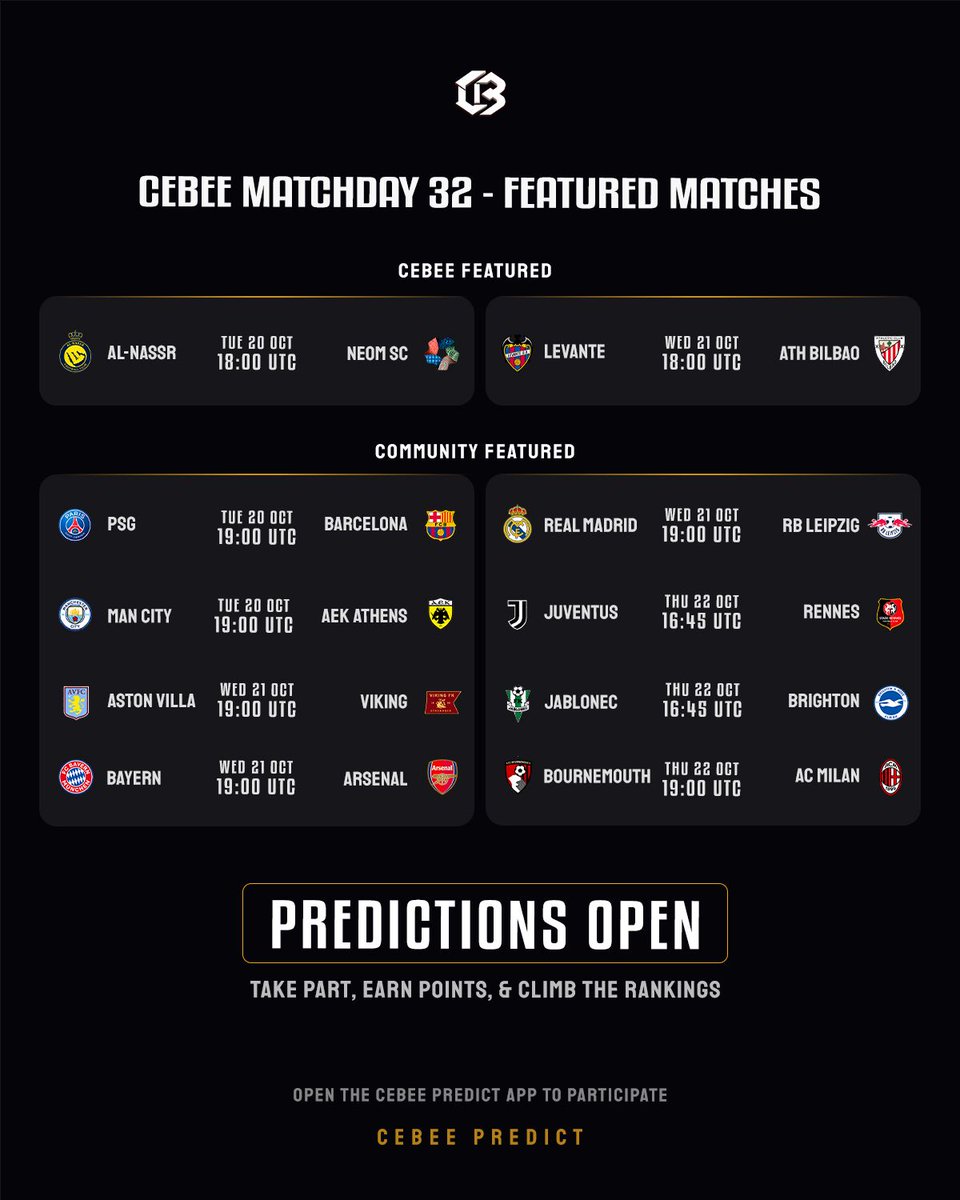 CeBeePredict's tweet photo. CeBee Matchday 32 Featured Matches.

The stage is set. Make your predictions before the deadline.

Which match are you looking forward to the most? 

#CeBeePredict #CeBeeMatchday #FootballPredictions #MatchPredictions #PredictClimbWin https://t.co/D8meaM43AF