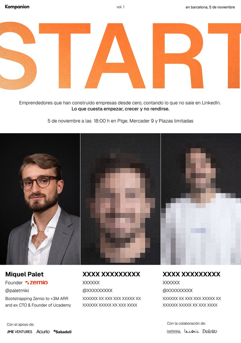 Kompanion_hq's tweet photo. El 5 de noviembre celebramos #START vol. 1, nuestro primer evento

🥳  Primer invitado: @paletmiki, fundador de @zernio, que ha llevado su empresa a +3M€ de ARR sin inversores.  

Sin filtros.  

📍 BStartup, Barcelona 
🗓 5/11, 18:30h 
🎟 Plazas limitadas https://t.co/7qGlAPHhxq